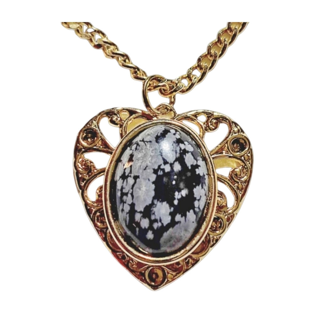 Dalmatian Jasper Heart Pendant Necklace | Gold Tone Filigree | 14" | NWOT